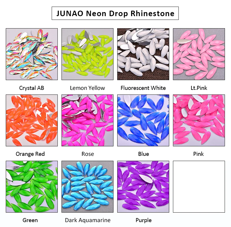 JUNAO 100Pcs 8*22mm Blue Color Teardrop Glue On Resin Rhinestone Flat Back Crystal Stone Big Size Strass Beads For Clothes