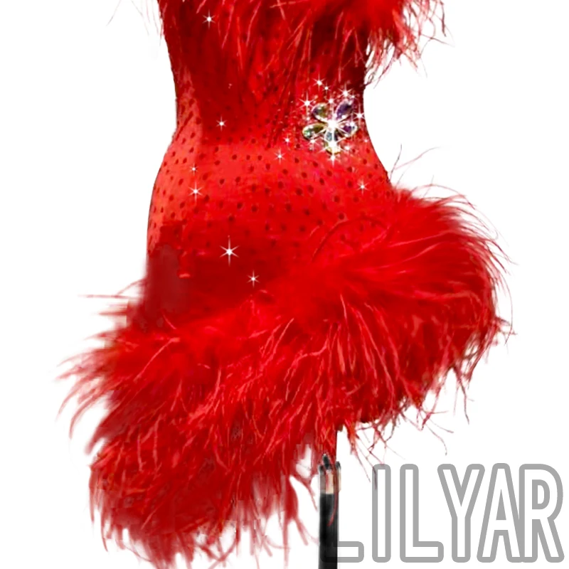 New Latin Dance Skirt Competition Skirt Performance Skirt Adult Custom Red Feather Slant Shoulder Sexy Dance Skirt