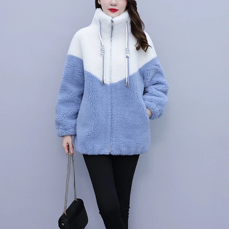 Lambswool Fur Jacket Women Overcoat New Winter Contrast Stitching Casual Coat Female Outwear Loose Sheep Shearing Warm Parka