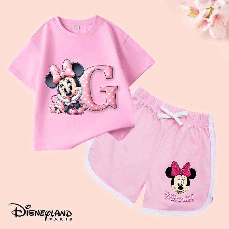 

2pcs Minnie Mouse T-shirt+Short Set Disney Anime Figures Print Short Sleeve Sets Fashion Casual Kid Home Clothing Summer Clothes