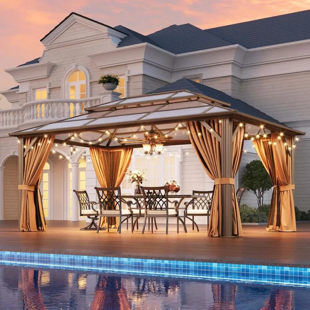 

Hardtop Gazebo Metal Double Polycarbonate Roof Permanent Pavilion Netting Curtains Lawn Garden Patio Brown, Custom