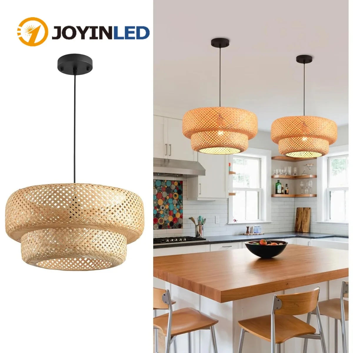 

JOYINLED Double Layer Bamboo Pendant Light, Hand Woven Modern Chandelier Farmhouse Ceiling Lamp for Kitchen Island Living Room