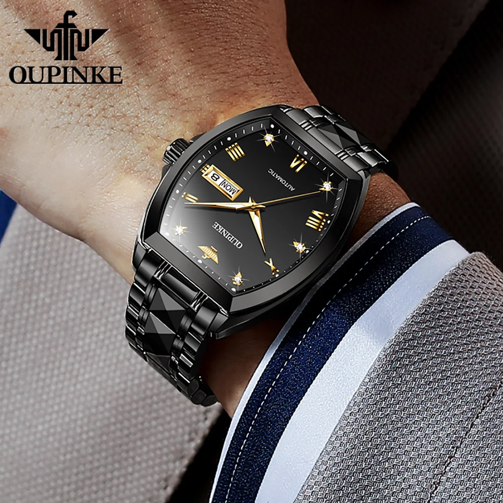 OUPINKE 3200 High Quality Automatic Watch for Men Tungsten Steel Strap Tonneau Mechanical Wristwatch Luxury Top Brand Man Watch