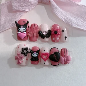 Kawaii Sanrio Kuromi سلسلة مسمار الفن للفتيات ، أسود ، وردي ، قلب صناعي ، مصنوع يدويا ، ثلاثي الأبعاد ، قابل للإزالة ، هدية الحب ، Y2K أعلى 6 مبيعا مطرقة سوداء وردية - رقم 6