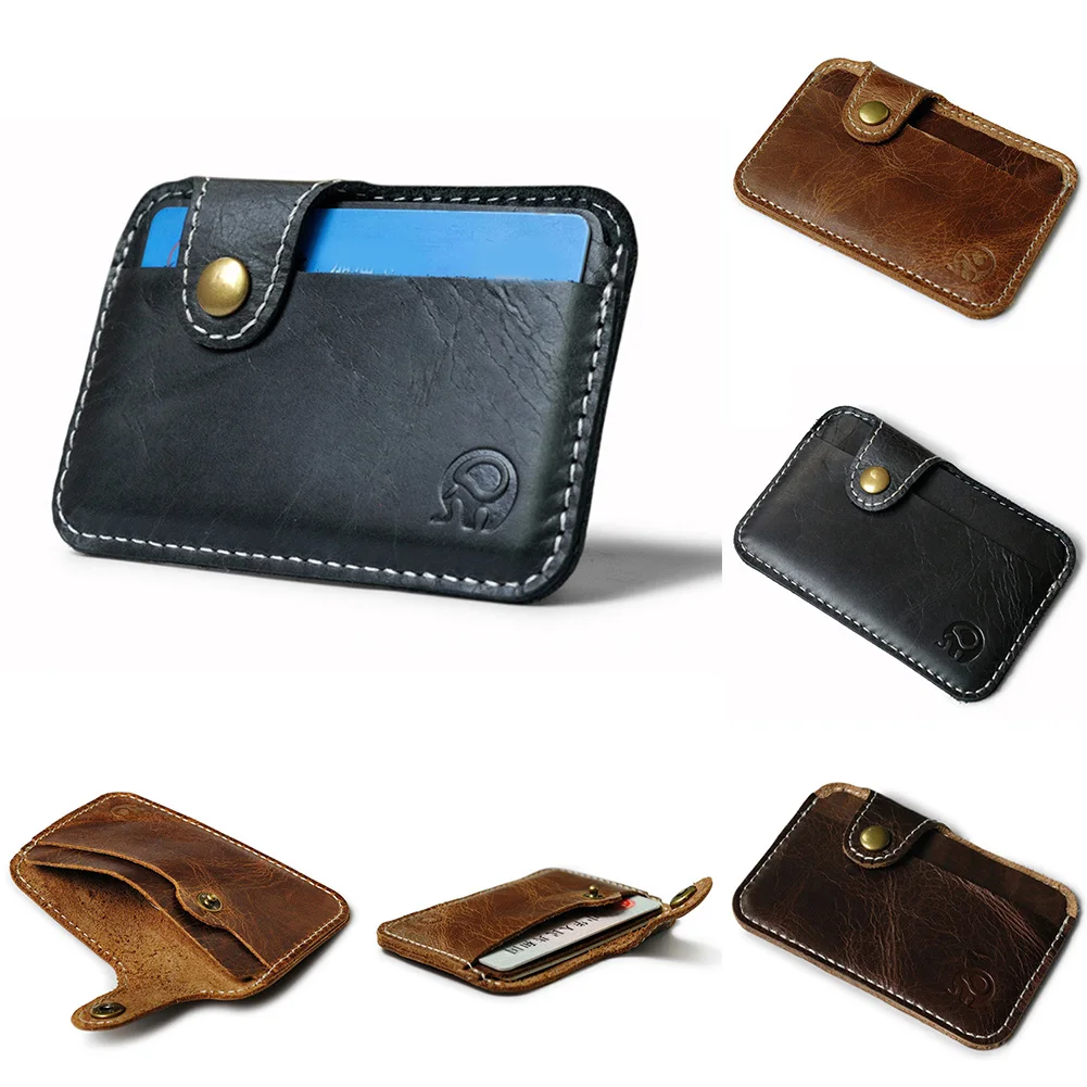 Vintage prawdziwy skórzany biznes Mini posiadacz karty kredytowej dla mężczyzny kobiety wygodny mały portfel ID Cash etui na karty wąska portmonetka — zdjęcie 4