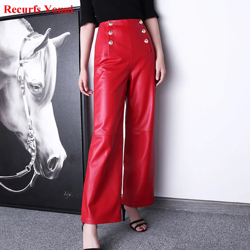 Genuine Leather Pants Women\'s 2022 Winter Ton Sheepskin High Waist Double-Breasted Wide Leg Straight Trousers Baggy Pantalones