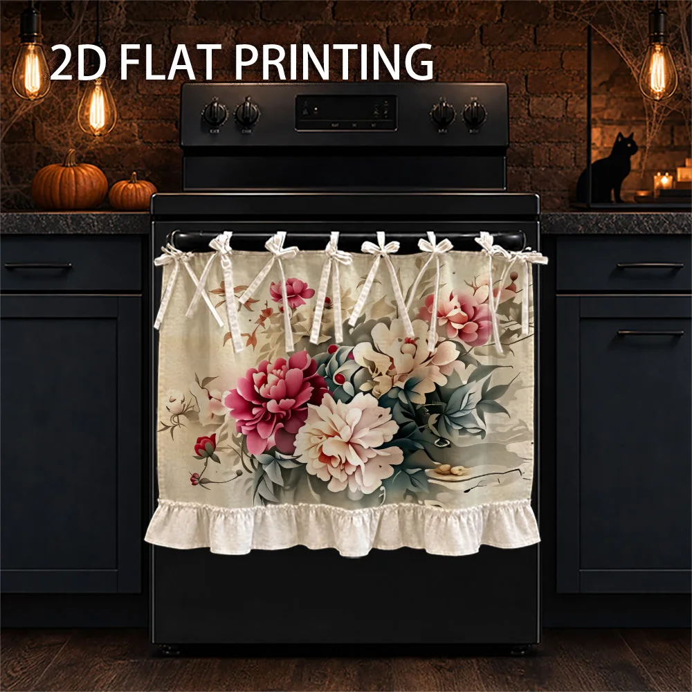 1PC Kitchen stove Curtain, Cabinet Curtain, Apron. Features a 2D graphic print design with a blooming peony motif. Can be used a