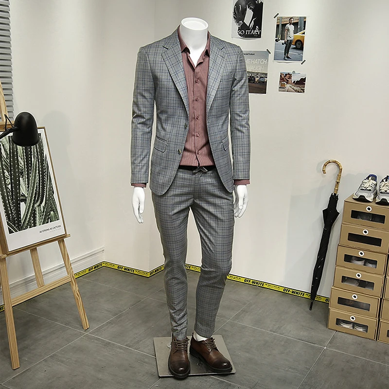 

Men Suits Set Blazer Pant Slim Style Kora Business Man Clothing Wedding Groom Wear Grey Plaid Single Breasted Casual Suit