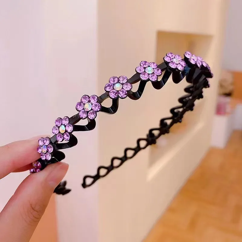 Non-slip Rhinestone Flower Headband Solid Wave Hairband for Women Girls Bezel Fashion Hair Hoop Ladies Boutique Hair Accessories