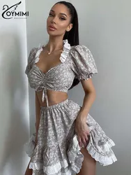 Oymimi Fahsion Grey Print Women 2 Piece Set Outfit Elegant Lace Short Sleeve Lace-Up Crop Top + High Waist Pleat Mini Skirts Set