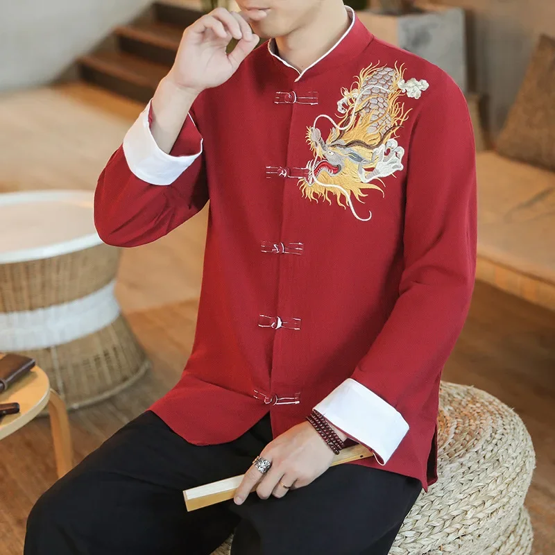 Chinoiserie Tops Traditional Chinese Hanfu Fashion Tang Suit Dragon Embroidery Shirt Loose for Men Clothing Vintage Long Sleeve