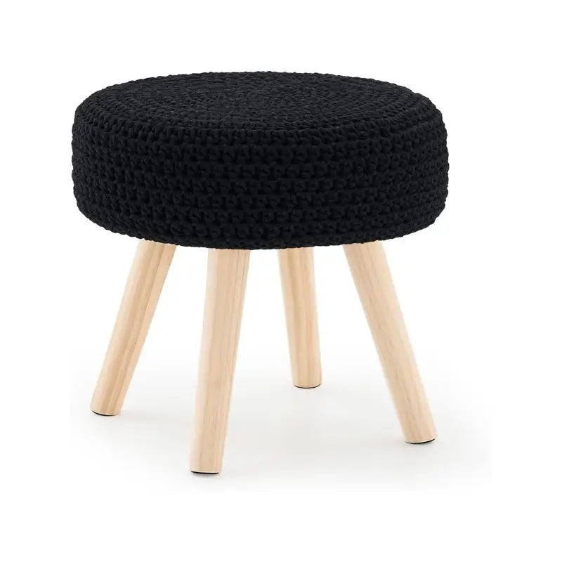 Round Ottoman Multifunctional Cotton Knitted Vanity Stool Footrest for Living Room Entryway Black