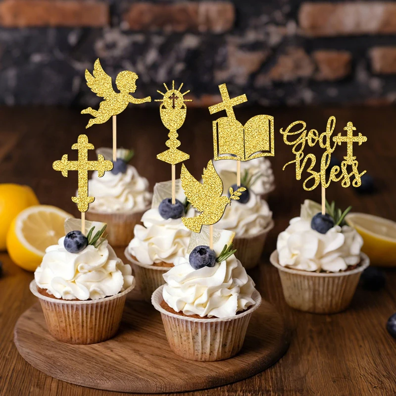 YOMDID 24 Stück Göttliche Cupcake-Topper, glitzerndes Design, Kuchendekoration für Taufe, Dusche, Taube, Engel, Kelch, Bibel, Kreuz – Detail 10