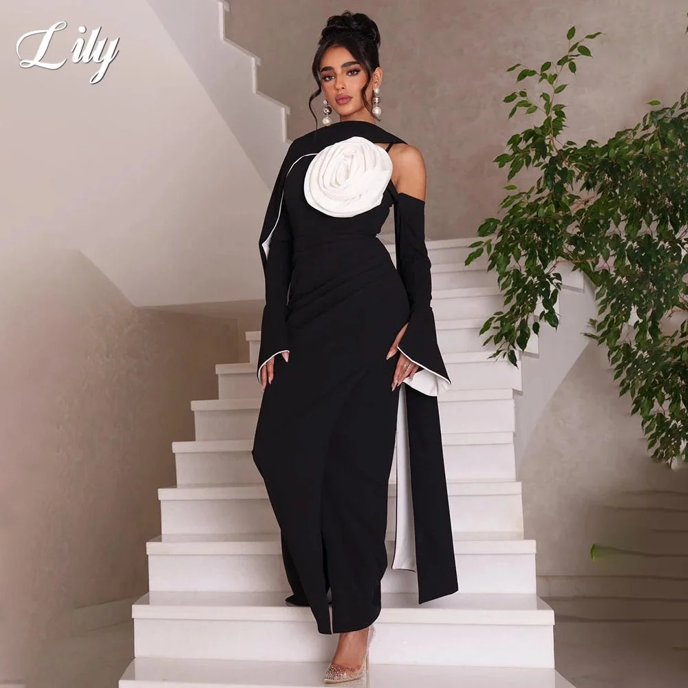 Sukienki wieczorowe Lily Black Satin, fason trąbka, z rozcięciem, z szalem, długość do podłogi, z kwiatami 3D, suknie balowe dla kobiet, szyte na miarę.