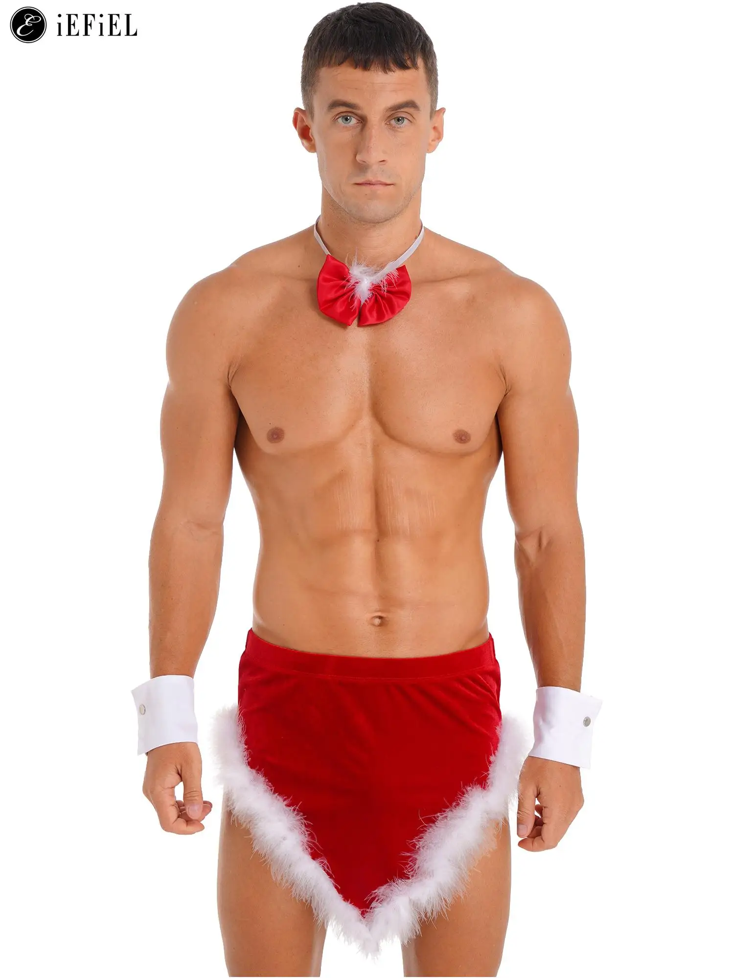 Men\'s Christmas Santa Claus Costume Bow Tie Collar Mini Skirt with Cuffs Xmas Holiday Cosplay Underwear Lingerie Set Pajamas