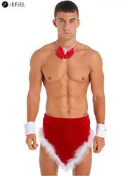 Men's Christmas Santa Claus Costume Bow Tie Collar Mini Skirt with Cuffs Xmas Holiday Cosplay Underwear Lingerie Set Pajamas