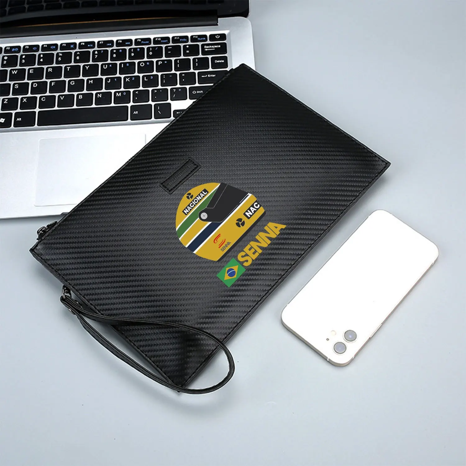 Formula racing helmet SENNA Brazil national flag Elegant Printed PU Men's Handbag Fashionable and Practical for Everyday Carry