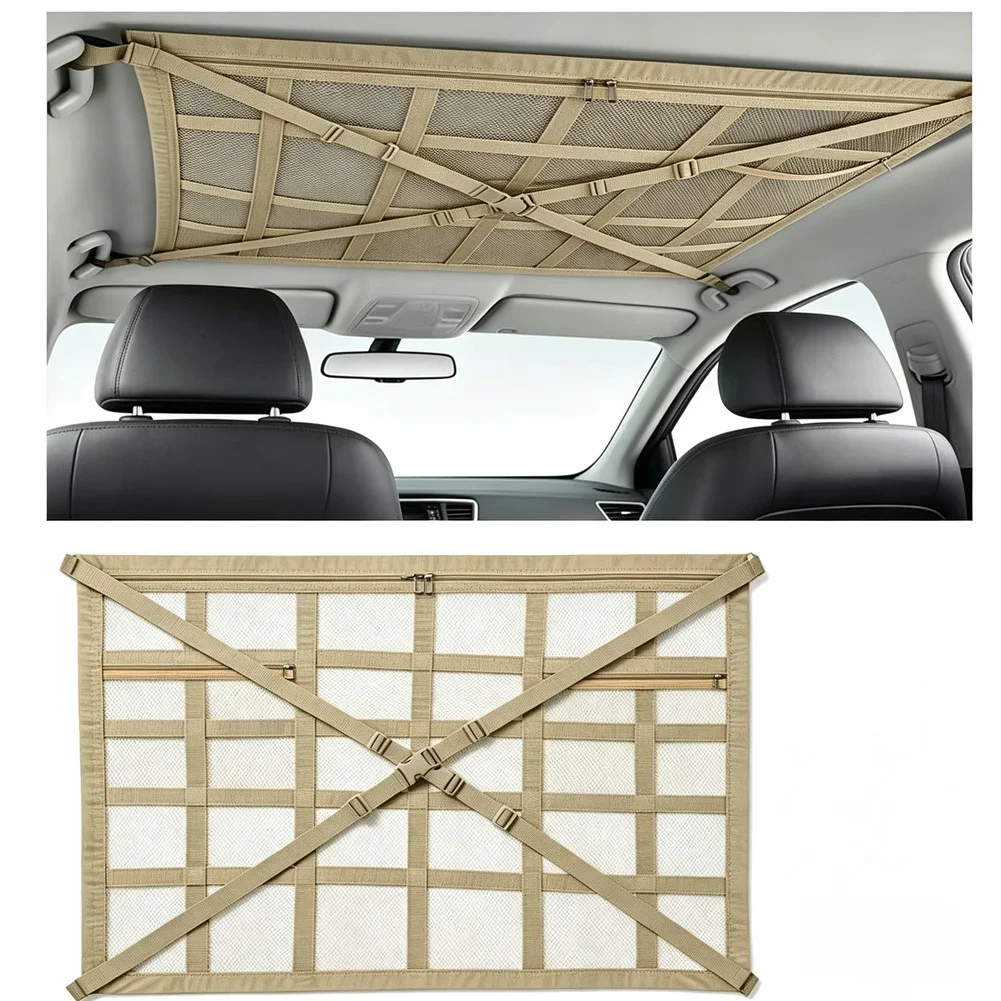 Adjustable Car Roof Storage Net 90x65cm Light Brown Fabric Cargo Mesh Bag With /Cross Straps For SUV Van Sedan Luggage Organizer