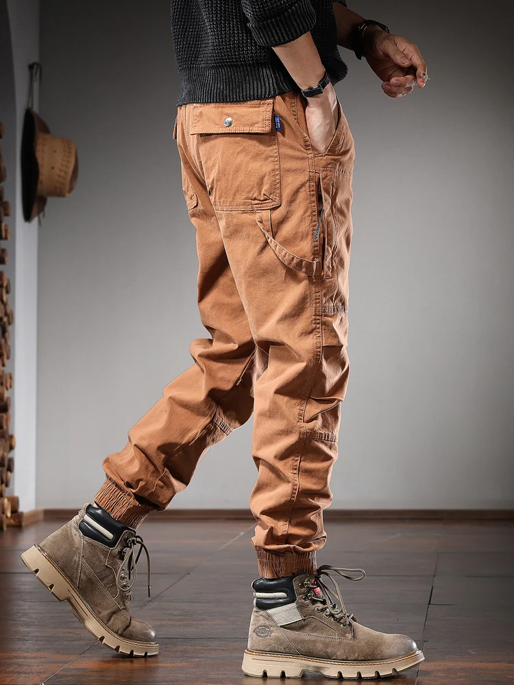 Autumn Cotton Casual Pants Men Tactical Cargo Pants Fashion Slim Fit Elastic Waist Drawstring Trousers