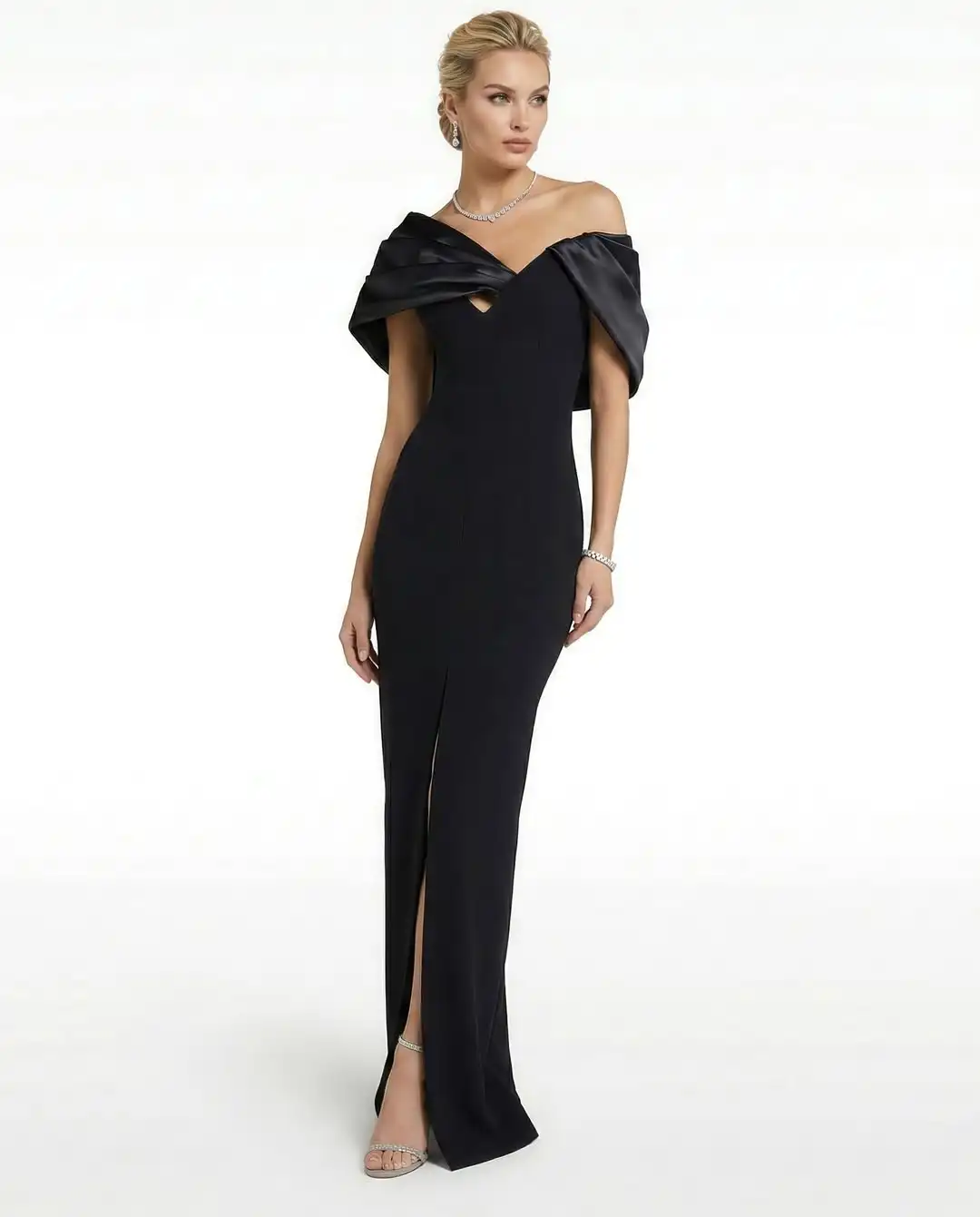 New Design Sexy Off The Shoulder Knot Pleated Detail Satin High Slit Open Back Bodycon Mermaid Evening Prom Formal Party Dress