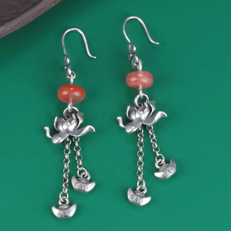 

Ethnic S925 Sterling Silver Flower South Red Agate earrings Jewelry Vintage Long Tassel Hanging Women'S Ornaments EH212