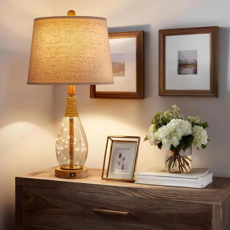 23인치 USB A+C 테이블 램프 침실 거실용 모던 침대 옆 램프 레트로 농가 스타일 라탄 유리 나이트스탠드 나이트라이트 램프