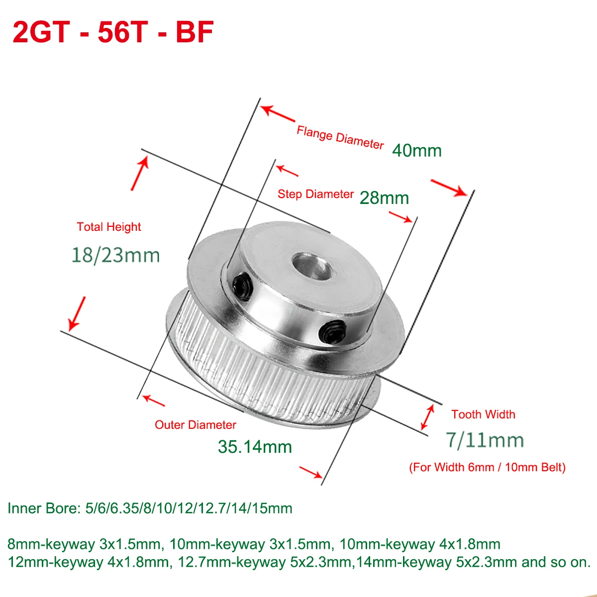 

2GT 56 Teeth Timing Pulley Bore 5/6/6.35/8/10/12/12.7/14/15mm For Width 6mm / 10mm BF keyway GT2 Timing Belt 3D Printer Parts