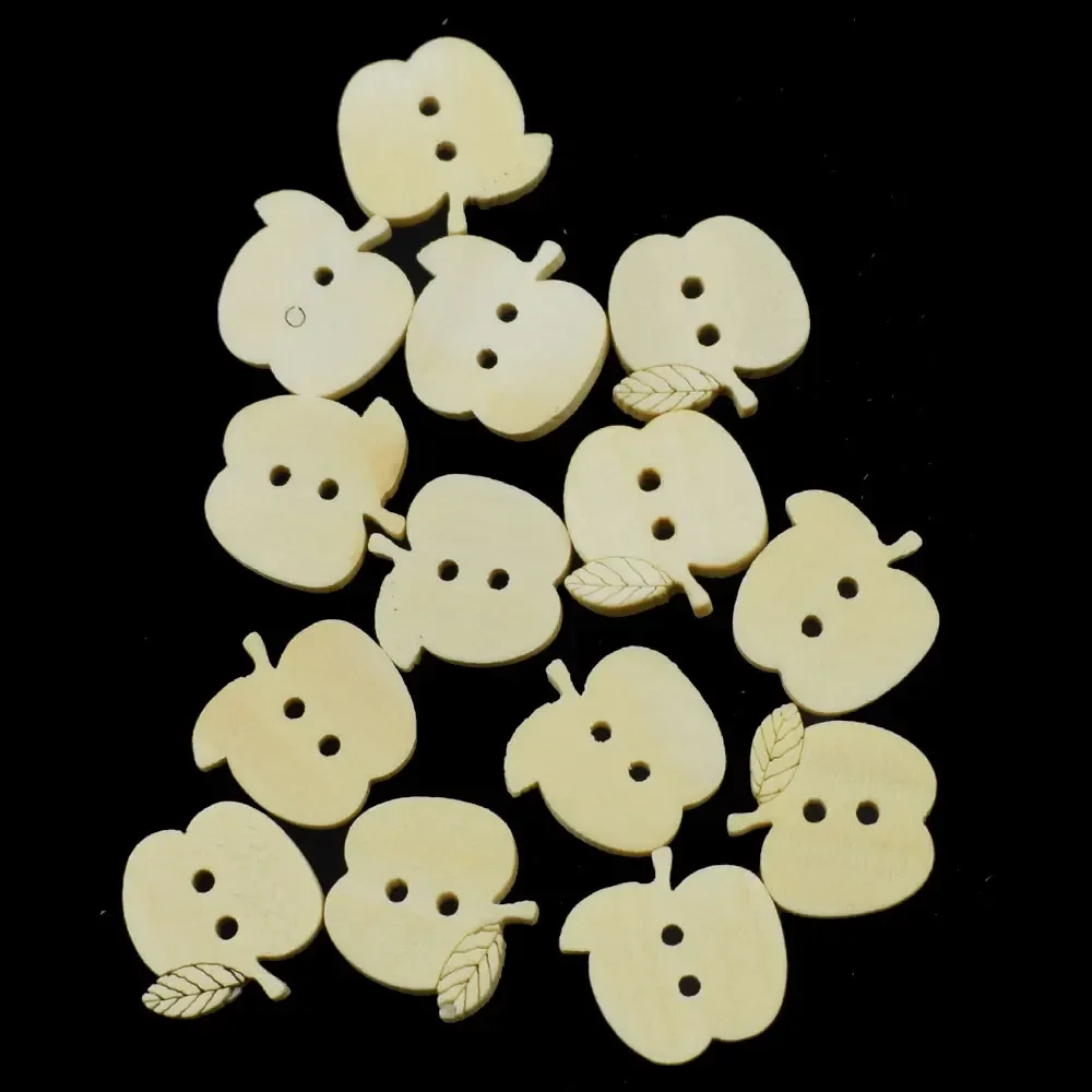 100PCS Wood Button Natural Color Cartoon Apple Wooden Button Sewing Scrapbooking for Christmas Crafts 2 Holes DIY Buttons