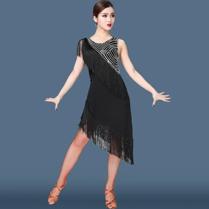 New Adult Latin Dance Clothes Irregular Hem Sexy Dance Pratice Wear Sleeveless Tassel Standard Stage Performance Costume