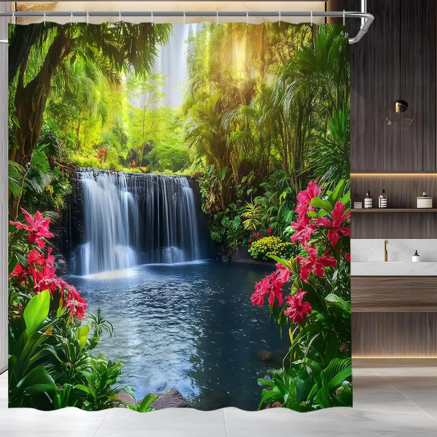 

Forest Waterfall Shower Curtain Nature Green Tree Flower Rainforest Spring Summer Garden Natural Landscape Fabric Bathroom