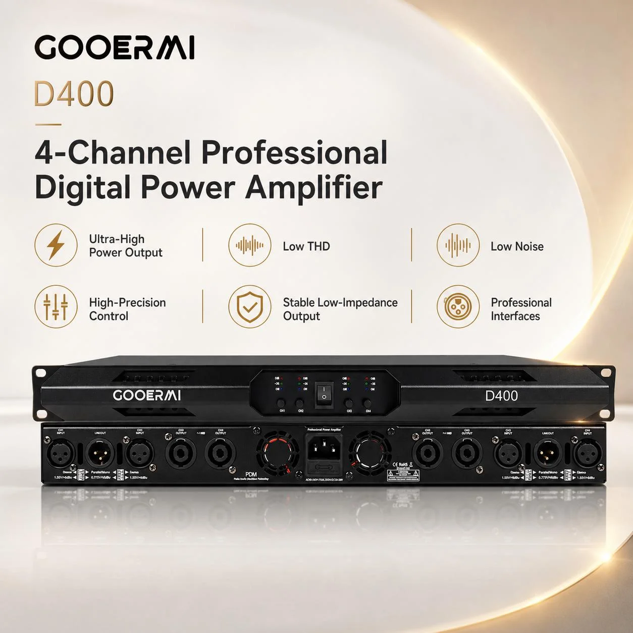 

Gooermi D400 1U Class D Power Amplifier 1200W 2/4 Channel Professional Digital PA Amplifier for DJ Stage Audio System
