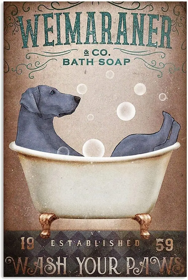 UOAIUDT Vintage Weimaraner Bathroom Tin Sign Weimaraner Sitting On A Bath Soap Metal Poster Retro Plaque Wall Decor Gift For Gar