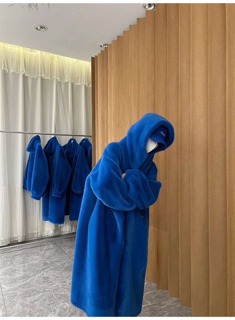 Lautaro Winter Long Oversized Warm Thick Blue White Fluffy Faux Fur Coat Women with Hood 2022 Loose Casual Korean Style Fashion