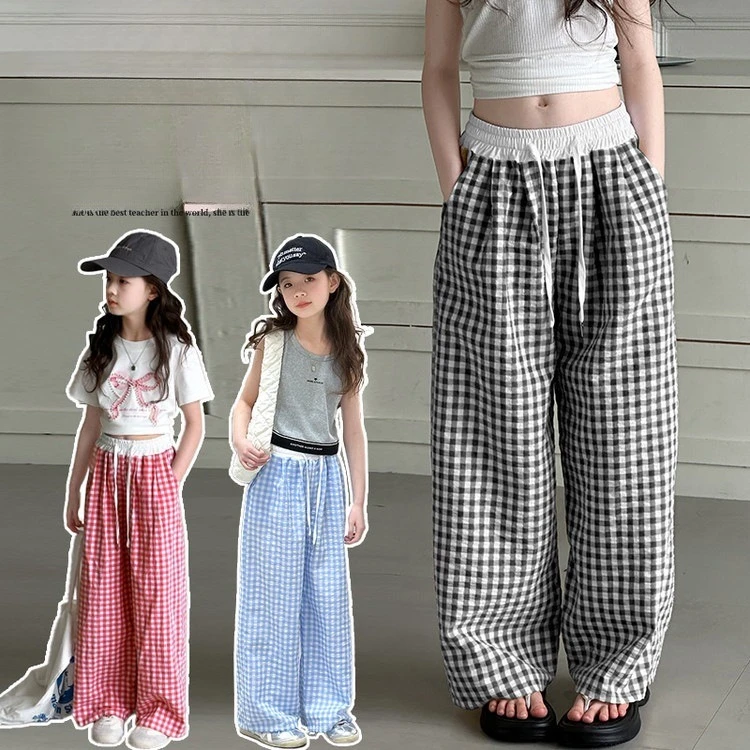 Girls Wide Leg Pants New Korean Lace Up Five Color Checkered Sweet and Fashion Mosquito Repellent Pants Casual Floor Pants