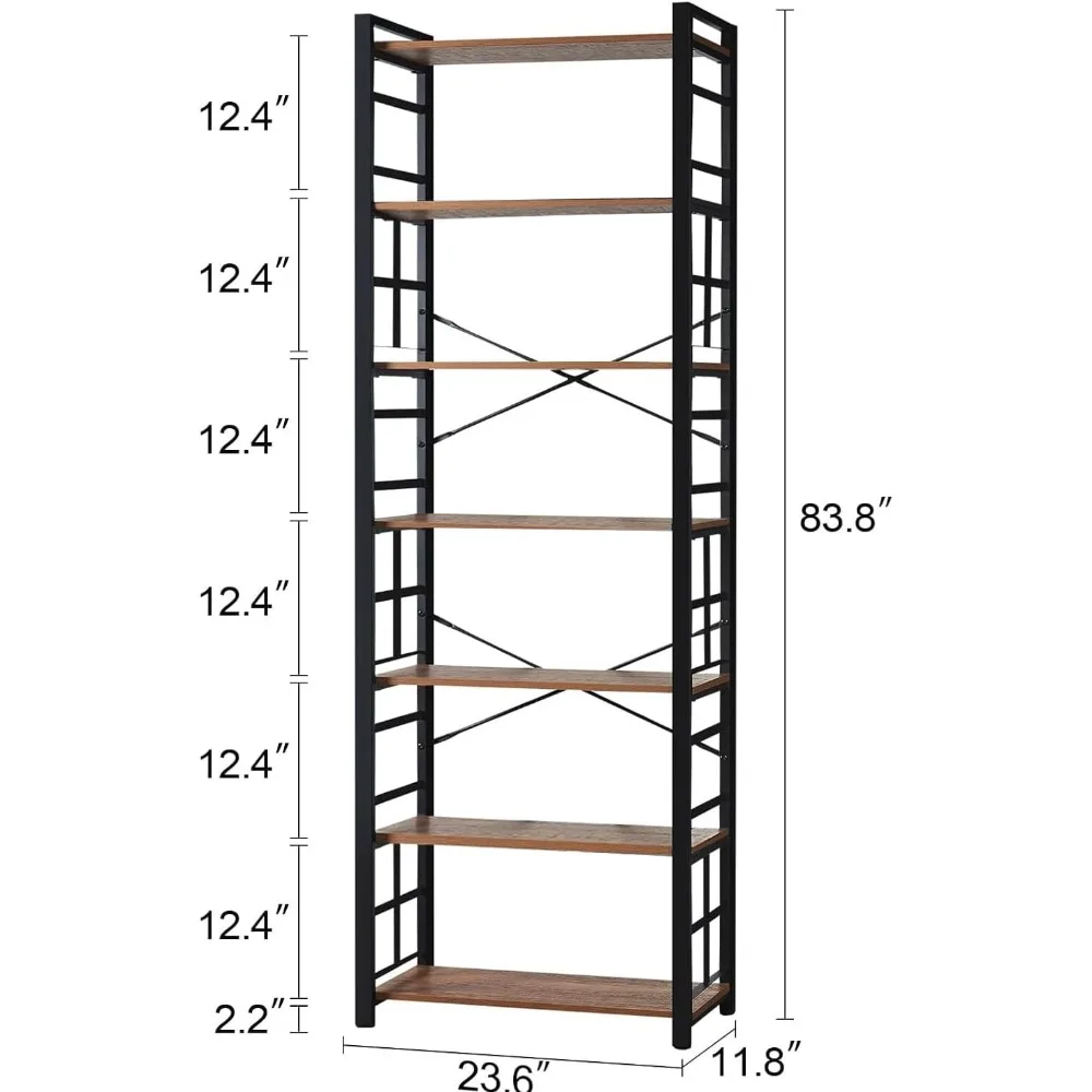 رف كتب عالي التحمل مكون من 7 طبقات على الطراز الصناعي، بطول 84 بوصة مع إطار معدني وأرفف مفتوحة #2