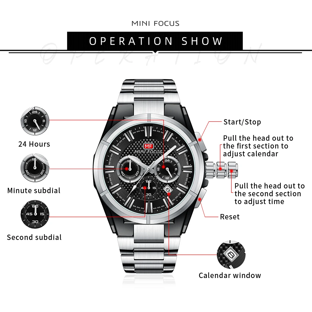 MINI FOCUS Luxury Watch for Man Quartz Business Men Watch Waterproof Luminous Stainless Steel Chronograph Men's Watches 0495G