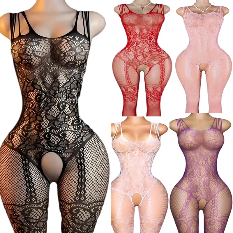 Sexy Pajamas Crotchless Nightwear Women Lace Transparent Teddy Bodysuits Mesh Bodystocings Halter Home Service Sex Pajama Sets