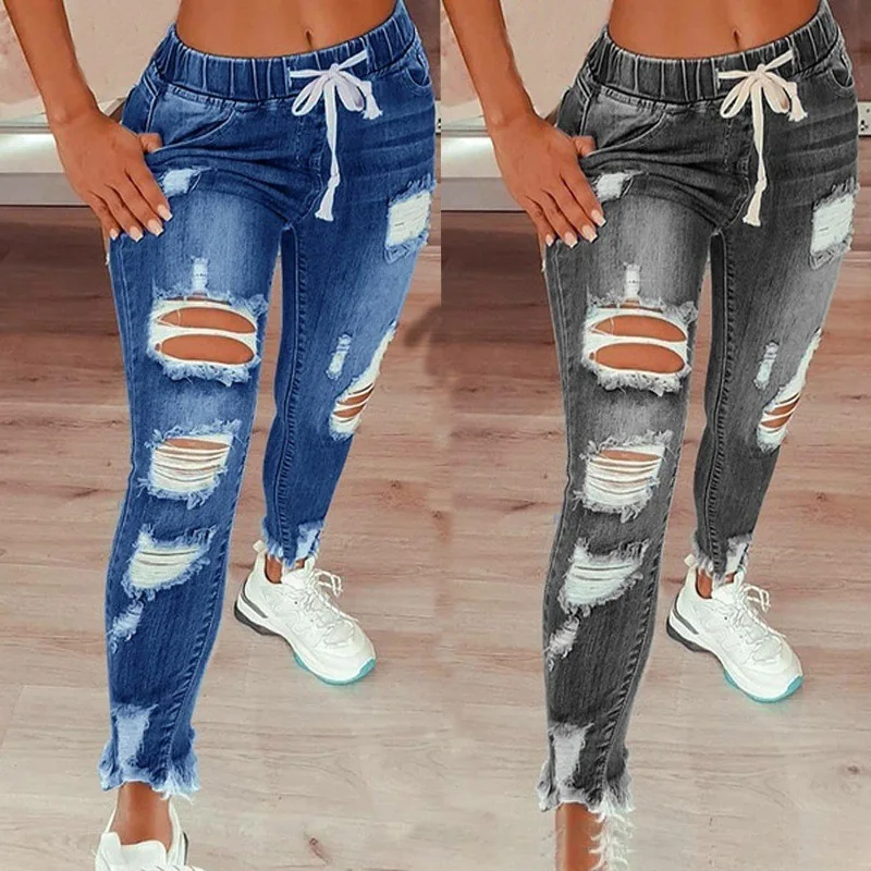 

High Waist Stretchy Waist Ladies Jeans Slim Fit Trousers with Hole Commute Sle mid Stretch High Waist Denim Pants