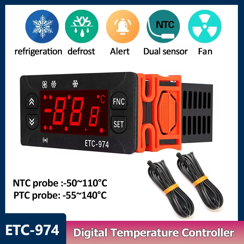 ETC-974 Digital Temperature Controller Refrigerator Thermostat Regulator Thermoregulator Thermocouple with Dual NTC Sensor