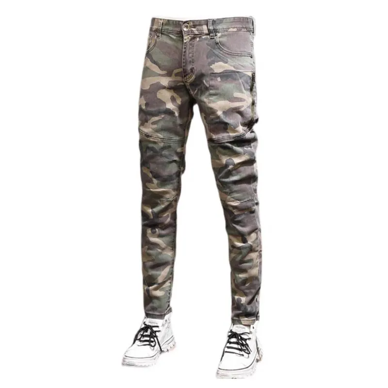 Street Fashion Men Jeans Camo Stretch Slim Fit Casual Vintage Jeans Zipper Spliced Designer Hip Hop Elastic Denim Pants Hombre