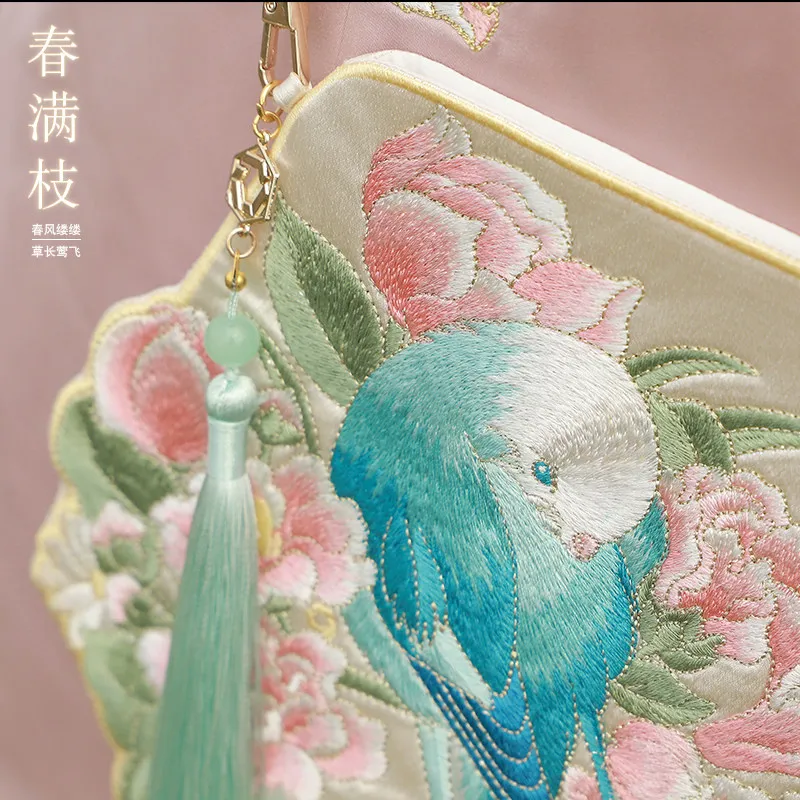 Chinese Traditional Hanfu Embroidered Crossbody Bag Vintage Floral Bird Pattern Shoulder Purse Portable Phone Pouch For Kids Use