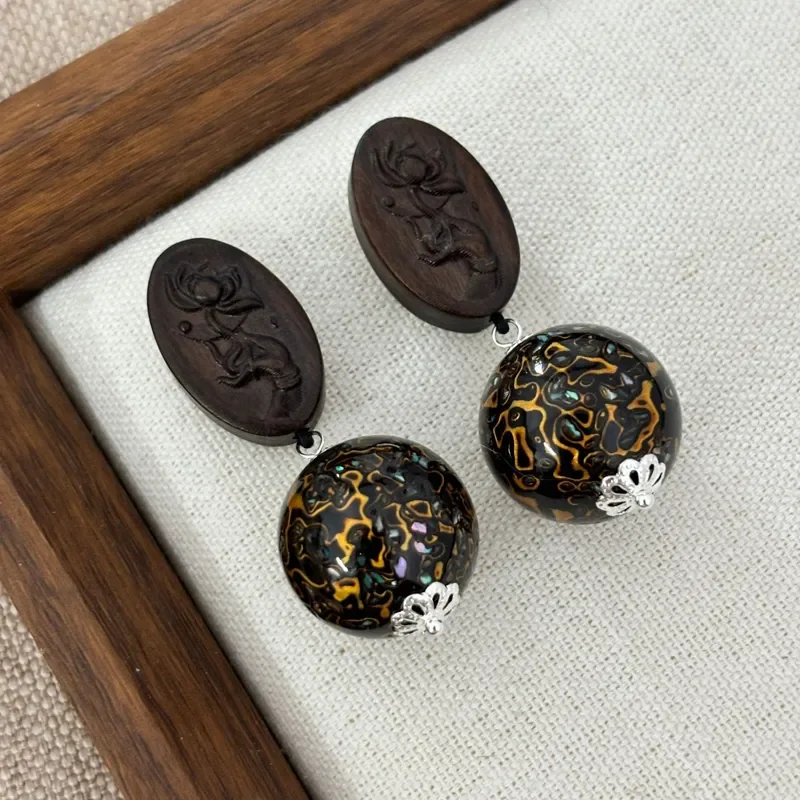 New Chinese ebony relief lotus earrings, intangible cultural heritage snail tin large lacquer round bead long earrings