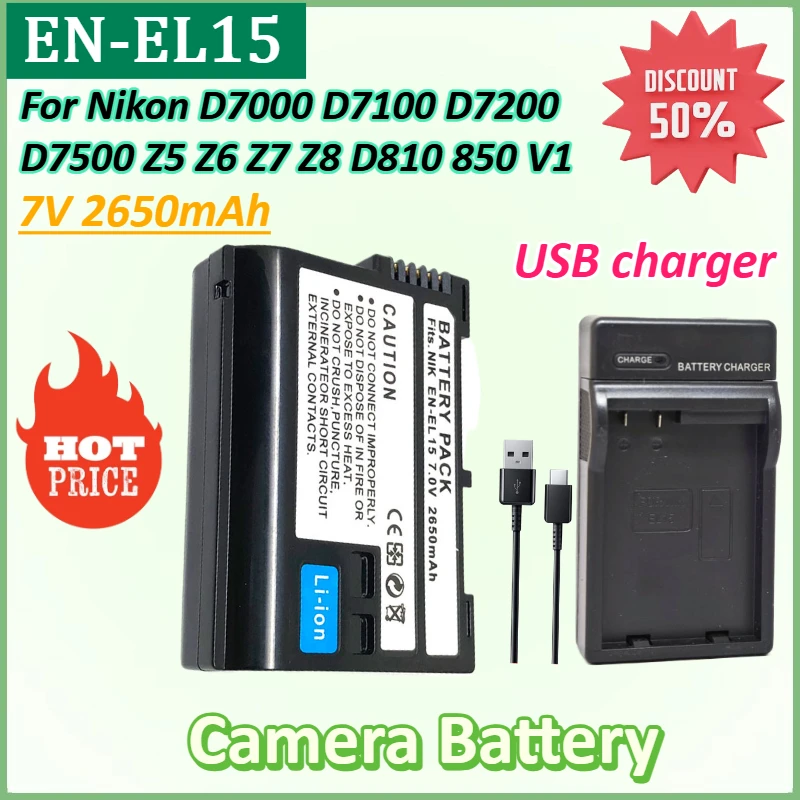 

EN-EL15 7V 2650mAh Latest Decoded Camera Battery for Nikon D7000 D7100 D7200 D7500 Z5 Z6 Z7 Z8 II 2Z6III ZF MB-D11 MB-D12 D810