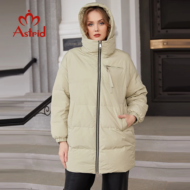 Astrid New Winter Clothes Women Loose Mid-Long Fashion Down Jacket Women\'s Parka Plus Size Hooded Simple Casual Quality Jackets