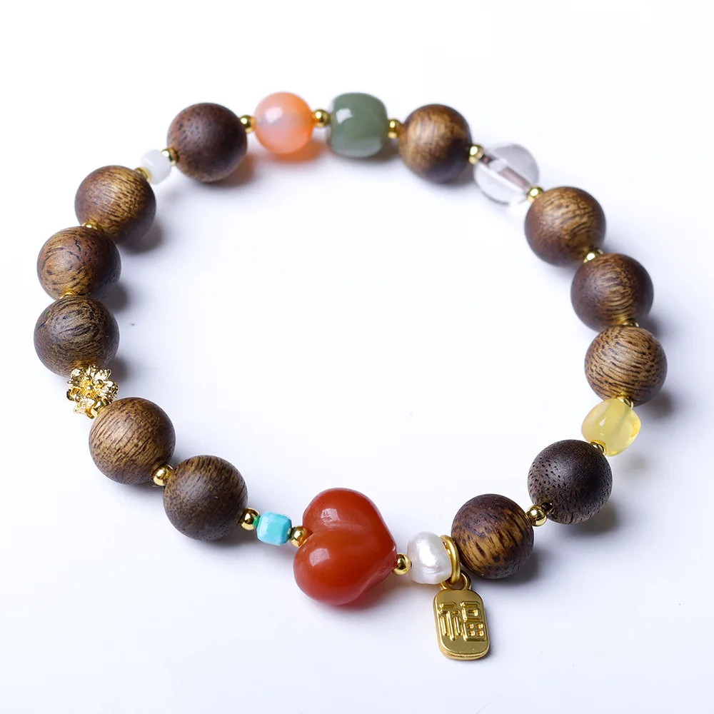 New Chinese Style Green Agarwood Bracelet with Southern Red Agate Peach Jasper and Beeswax for Women Gifts