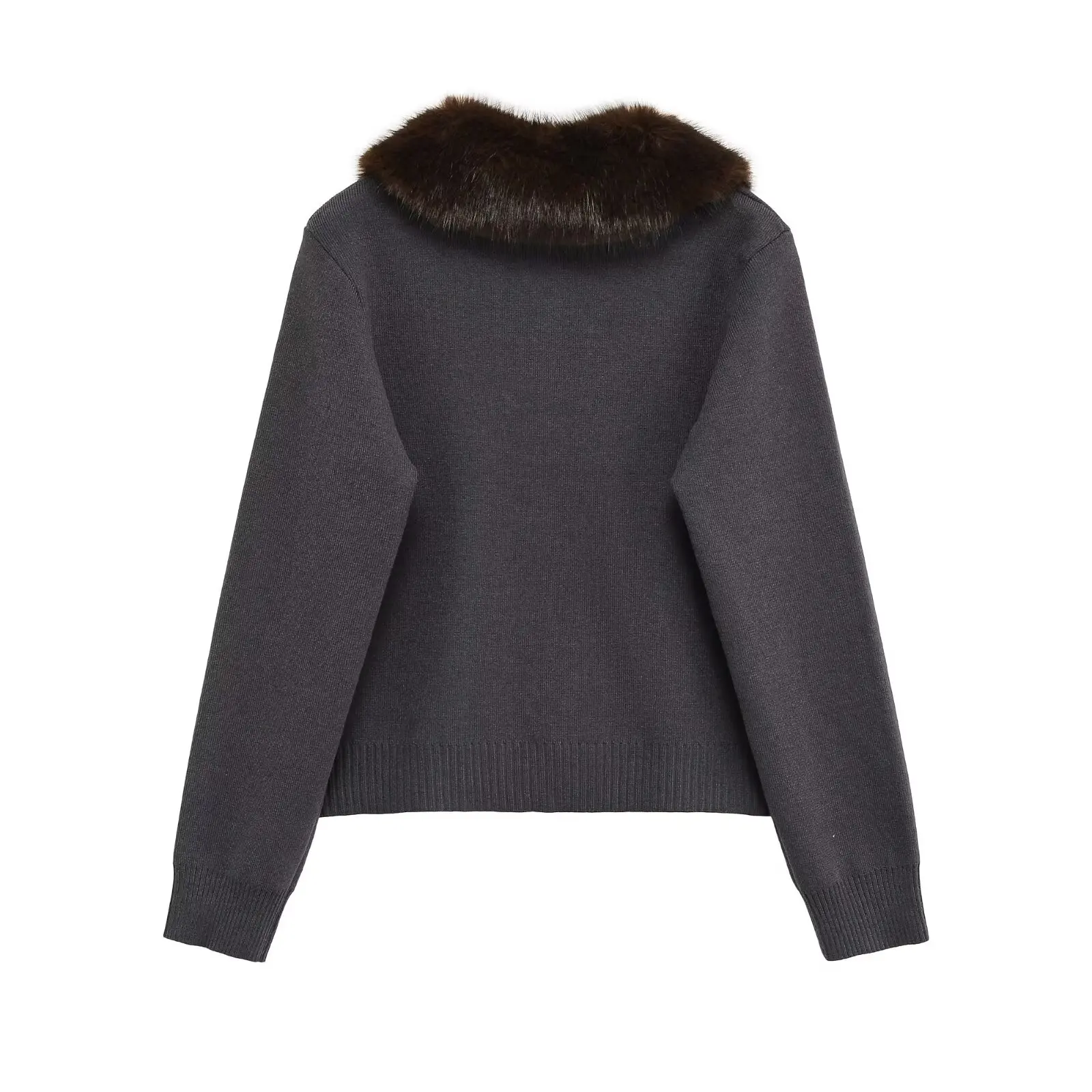 KONDALA Fashion 2025 Women Gray Fall Vintage Patchwork Faux Fur Lapel Elegant Sweaters Single Breasted Knitwear Female Cardigans