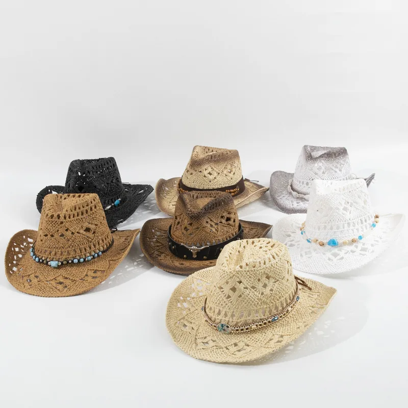 Amazon Hot Sale Beach Straw Hat for Men Women, Sun Protection Hollow Spray Paint Cowboy Hat, Factory Direct