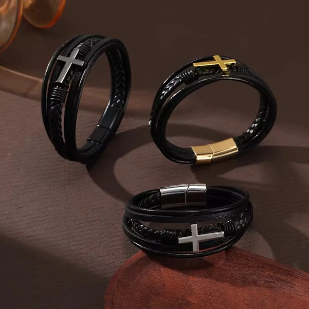 Casual Stainless Steel Leather Bracelet Multilayer Hand Braided Cross Bracelet Men's Bracelet