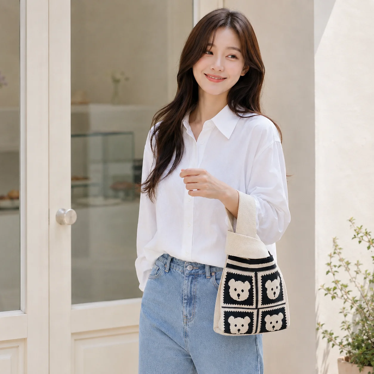 Women's Bear Pattern Knit Tote Bag Cute Casual Shoulder Handbag for Daily Shopping Travel