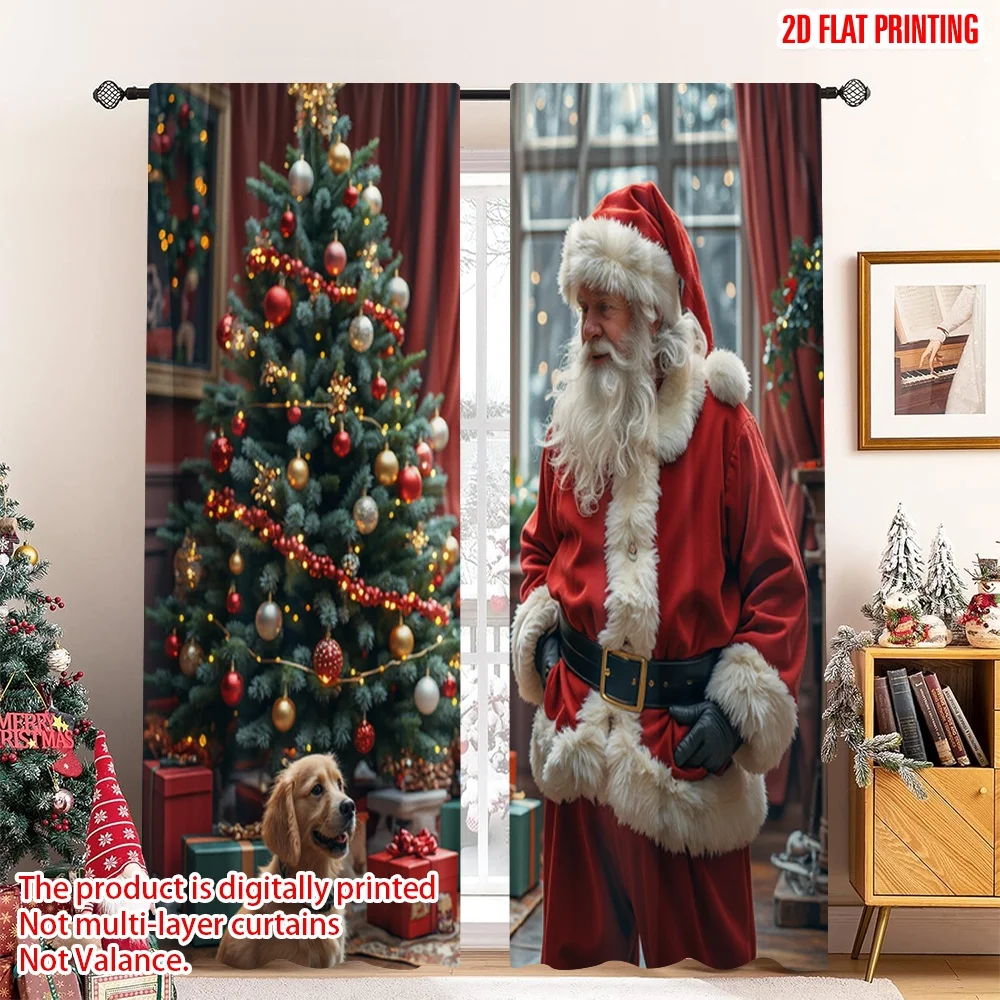 

2pcs 2D flat printing Christmas Scene Curtain Santa Claus Christmas Snow Dog Fabric Without Electricity Festive Curtains Use for